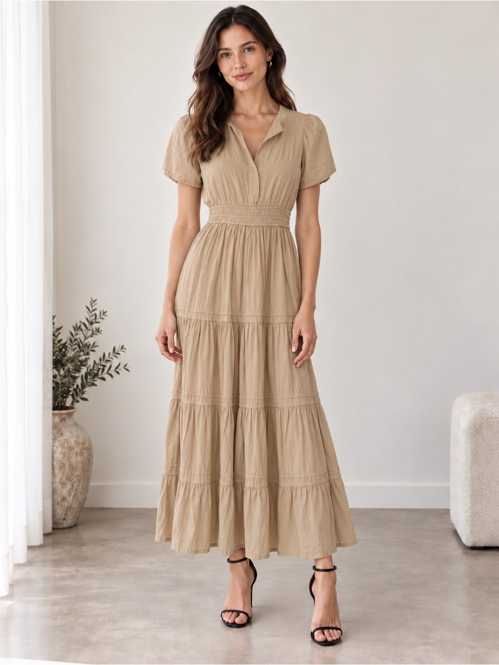 Smocked Waist Taupe Maxi Dress with Short Sleeves